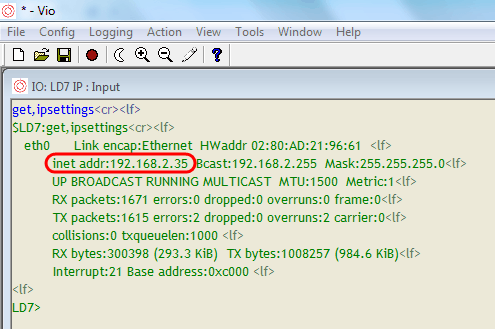 The LD7 IP settings will appear within the IO window. The IP address is displayed as highlighted below: